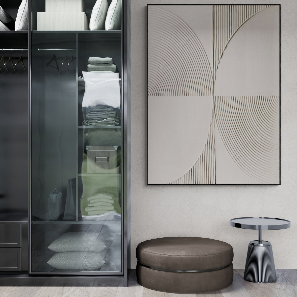 Sleek and structured abstract art featuring intersecting curved lines on a neutral background—this piece adds refined style to loft-style spaces, minimalist hallways, or designer kitchens with dark accents