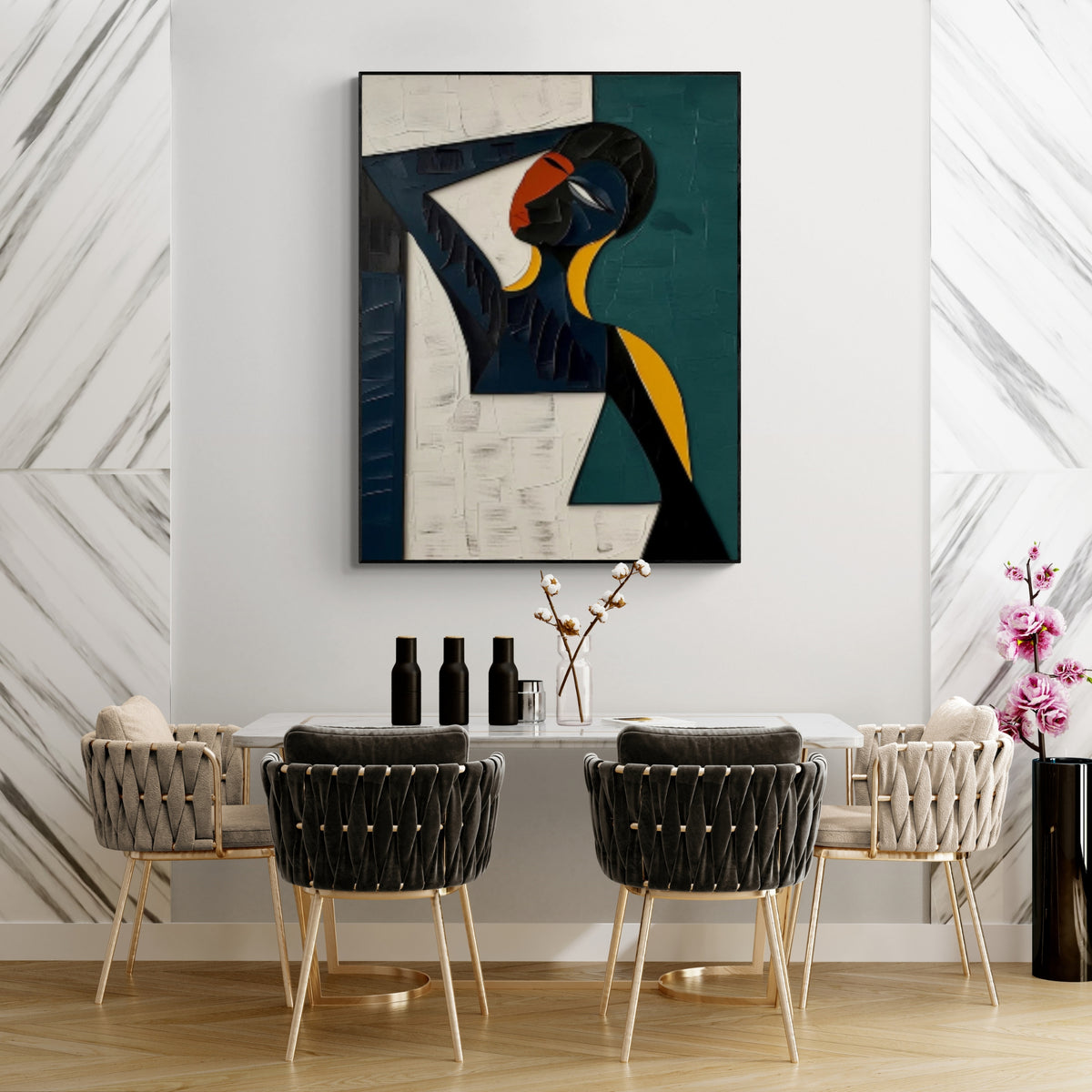 Elegant abstract wall art of a woman resting her arm on her head, with expressive brush strokes and a harmonious palette, perfect for a stylish living or lounge space.