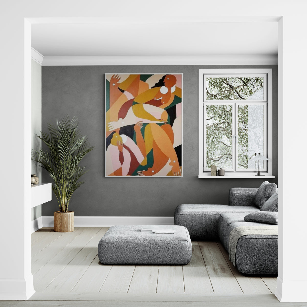 Modern oil painting with colorful abstract figures, adds energy to sleek living areas or artistic lounges