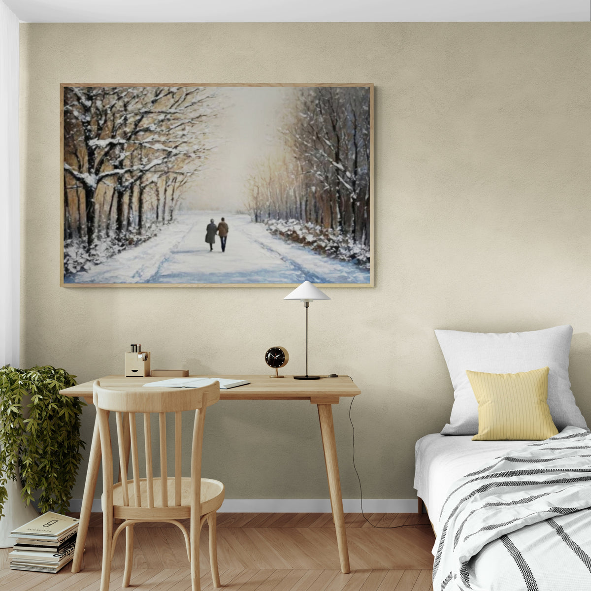 Textured snowy path painting with romantic feel, great for Scandinavian-style spaces or calming dining areas