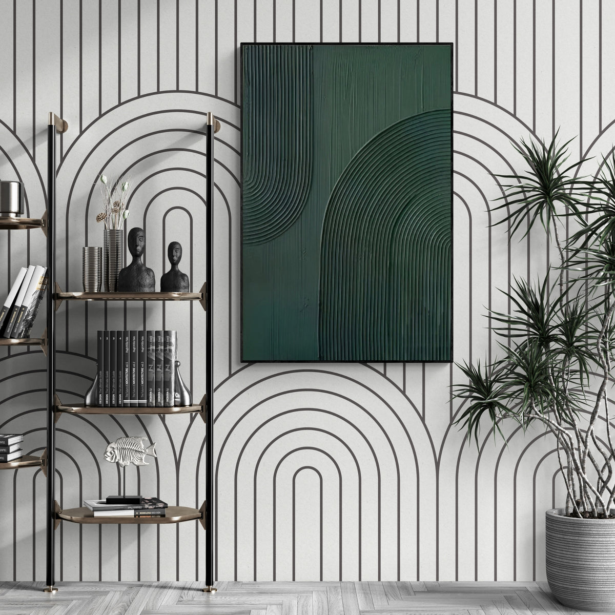 Modern handcrafted abstract painting in dark green shades, perfect for chic interiors with neutral or monochrome palettes.