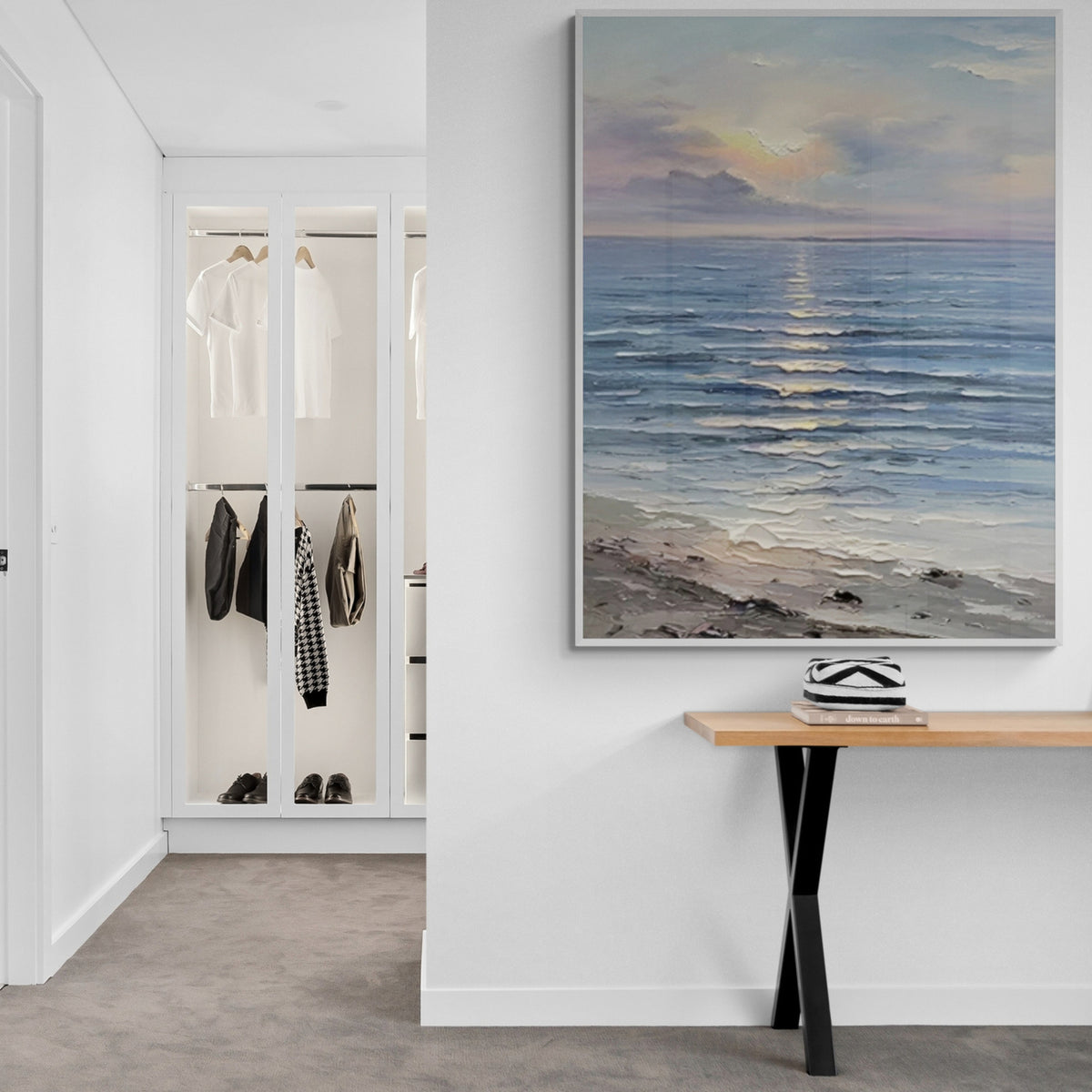 Soothing coastal sunset painting, perfect for modern dressing rooms or vacation homes.