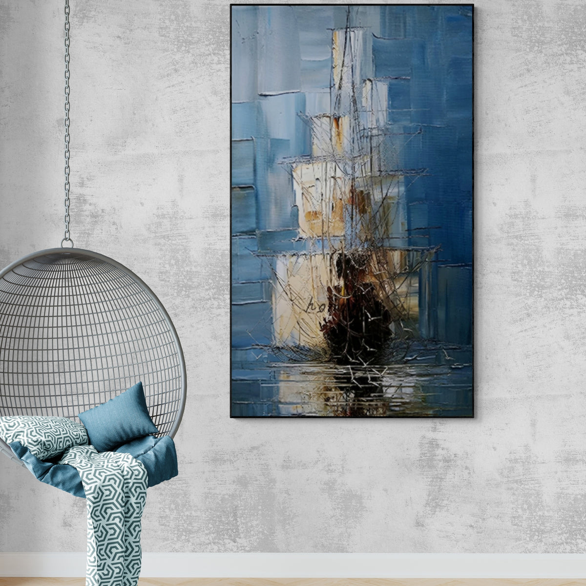 Nautical statement piece, handmade with palette knife details, suited for reading nooks or serene bedroom corners.