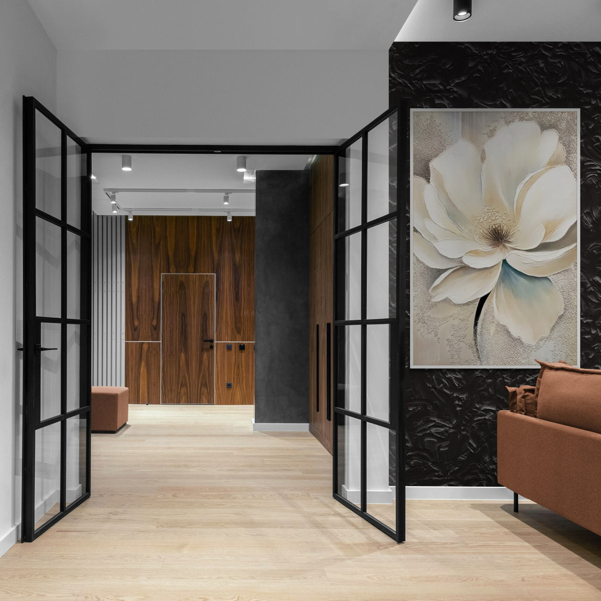 Soft white blossom painting, handcrafted for hallways, guest rooms, or boutique hotel lobbies.