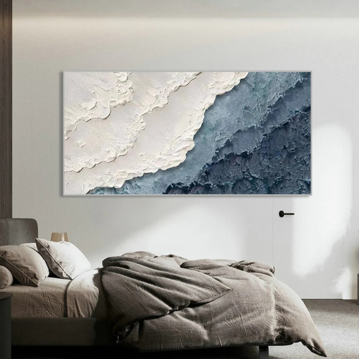 Handmade abstract artwork, ideal for creating a calming and elegant atmosphere in a modern bedroom space
