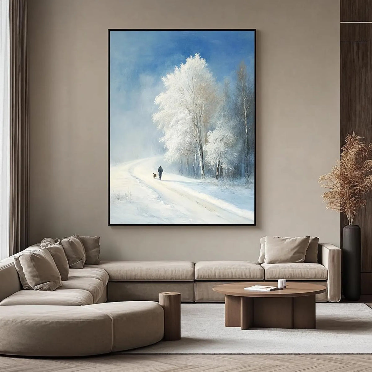 Handmade oil painting of a snowy forest walk, perfect for minimalist living rooms or cozy entryways