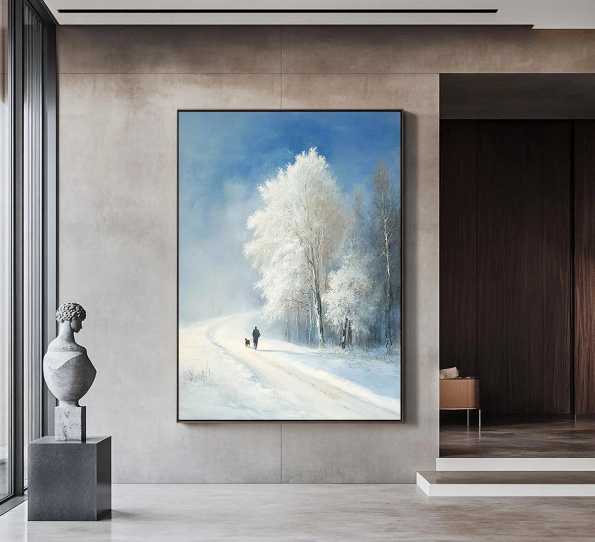 Snowy path oil painting with serene trees, adds calm to modern interiors or Scandinavian-style homes