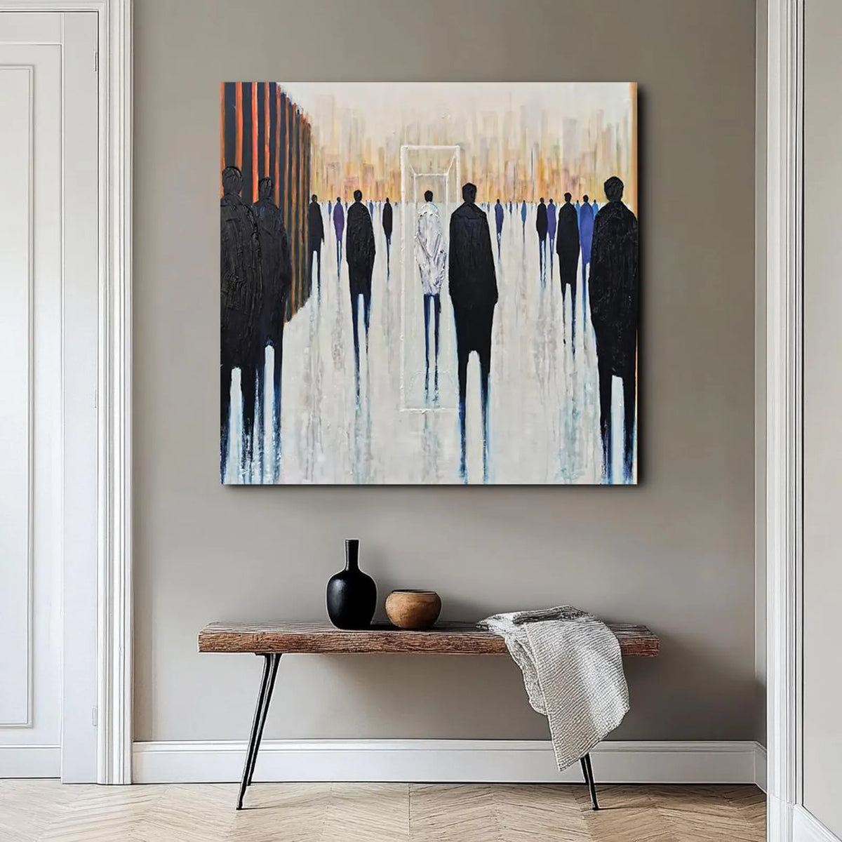 Monochrome crowd scene, hand-painted on canvas, great for elegant reception areas or quiet sitting rooms