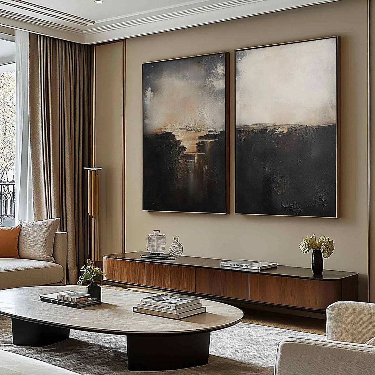 Handmade 2-piece abstract artwork in black and beige, perfect for modern living rooms or minimalist interiors.