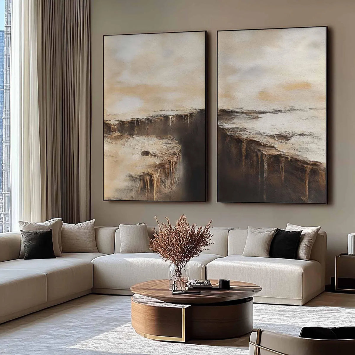 Handmade 2-piece abstract cliff artwork in warm tones, perfect for earthy-toned living rooms or serene modern interiors.