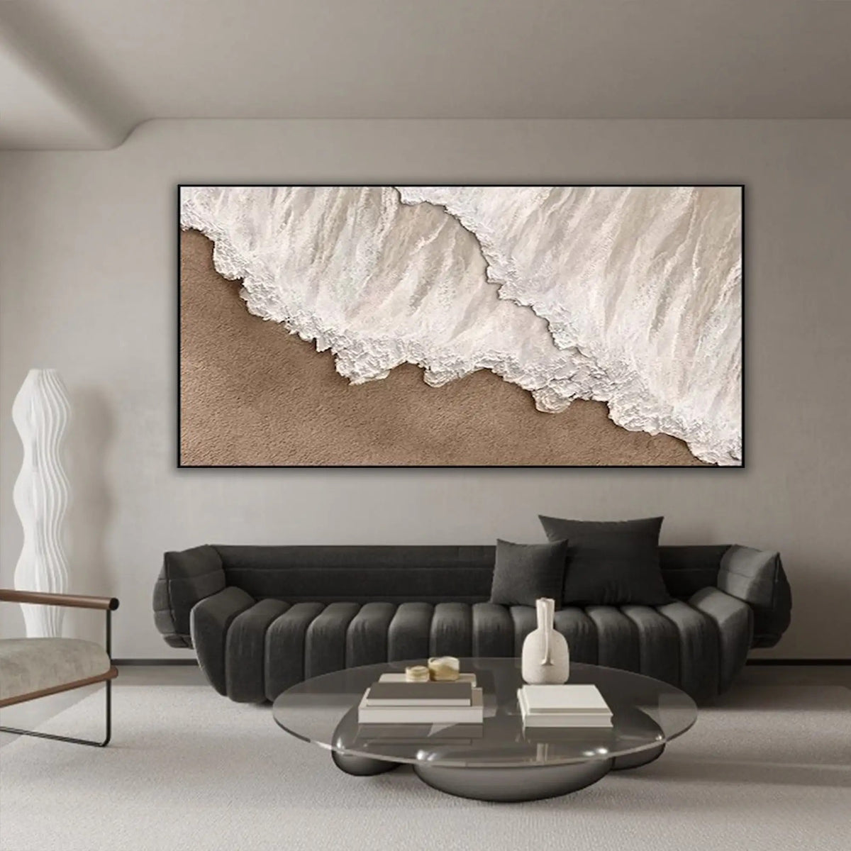 Handmade oil painting of serene waves on sand, ideal for cozy bedrooms, minimalist interiors, or beach house decor.